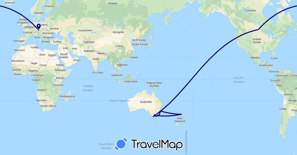 TravelMap itinerary: driving in Austria, Australia, New Zealand, United States (Europe, North America, Oceania)